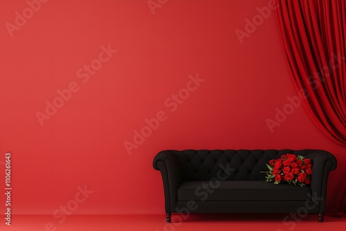 Black sofa set against a bold red background, creating a striking contrast that emphasises modern design, luxury, and contemporary style in an interior space. photo