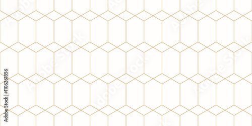 Golden abstract geometric seamless pattern in minimalist style. Luxury vector background. Simple minimal ornament. White and gold texture with hexagon grid, diamond shapes, lattice, net, repeat tiles