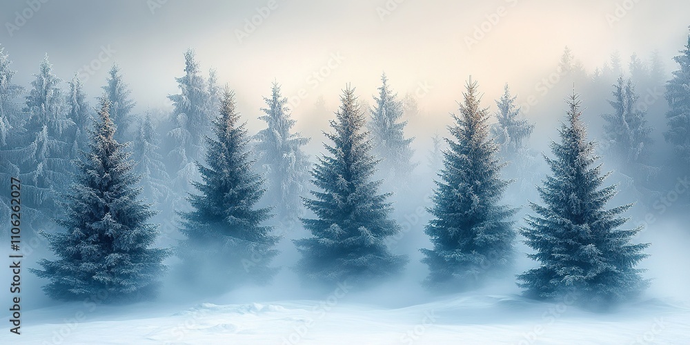 Snow-covered pine trees in a serene winter landscape at dawn with a misty atmosphere Snow-covered pine trees in a serene winter landscape at dawn with a misty atmosphere