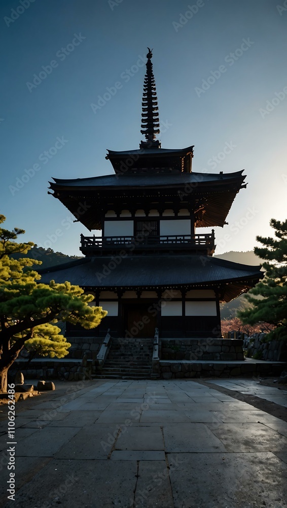 Iconic Hōkan-ji Pagoda silhouette in Kyoto against a blue sky. Iconic Hōkan-ji Pagoda silhouette in Kyoto against a blue sky.