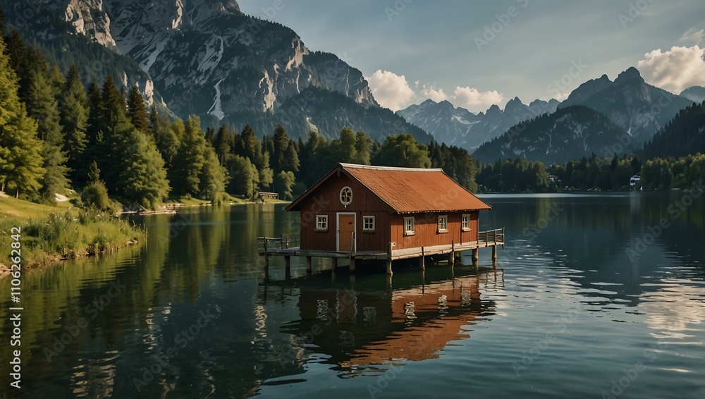 Naklejka premium Idyllic Bavarian boathouse by a lake.