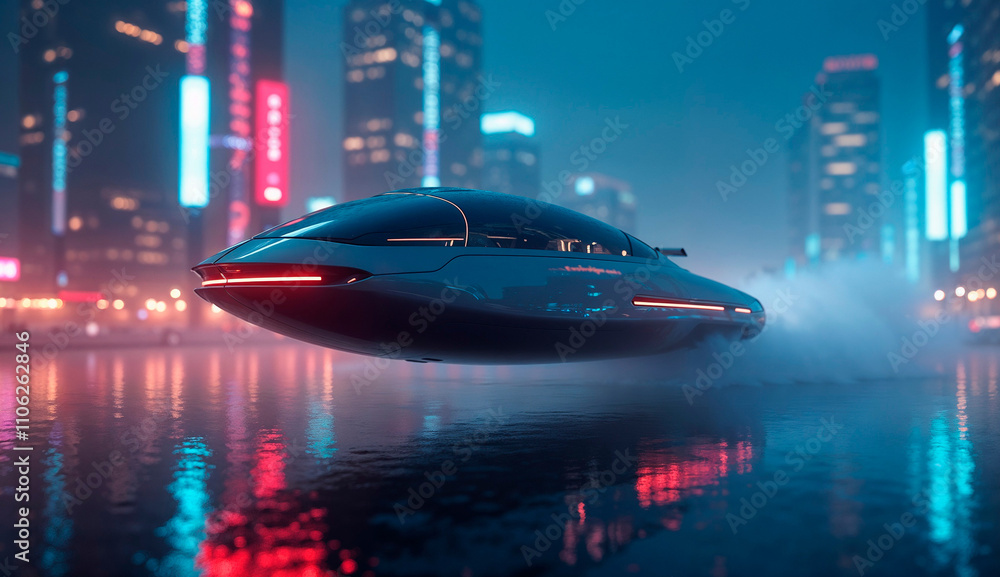 Advanced floating vehicle with smooth aerodynamic design hovering over a neon cityscape at night Advanced floating vehicle with smooth aerodynamic design hovering over a neon cityscape at night