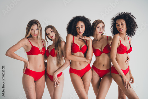 Photo of attractive young girls models shopping posing wear red fashion lingerie isolated white wall background no filter