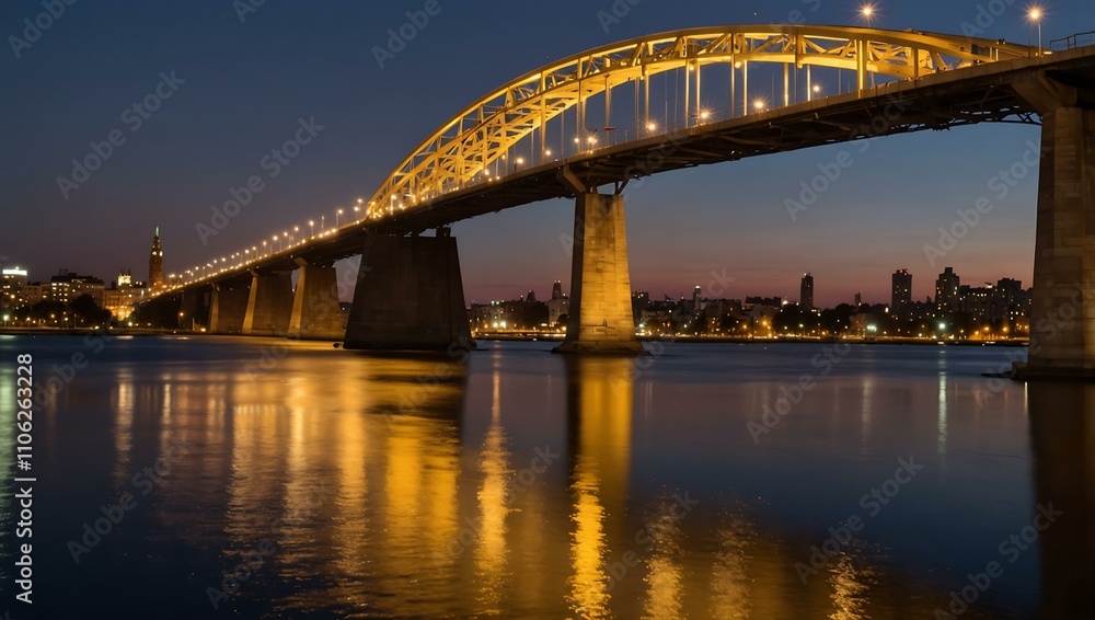 Fototapeta premium Illuminated bridge at sunset over a city with water reflections.