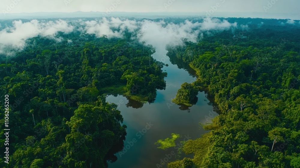 Aerial View of River Meandering Through Lush Rainforest Aerial View of River Meandering Through Lush Rainforest