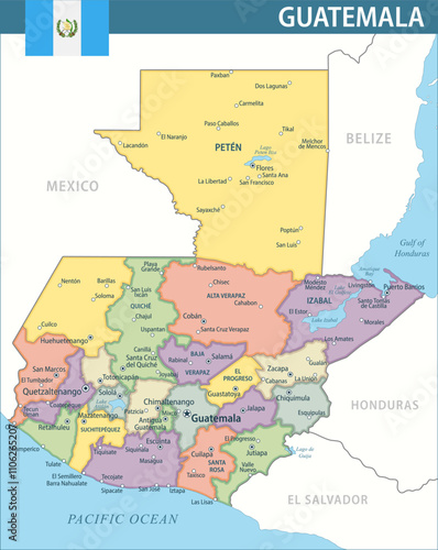Guatemala Map Vector New 2024 Colorful - Customizable layered political map of Guatemala with administrative divisions for website, education, reports, news, politics, print, poster and wallpaper