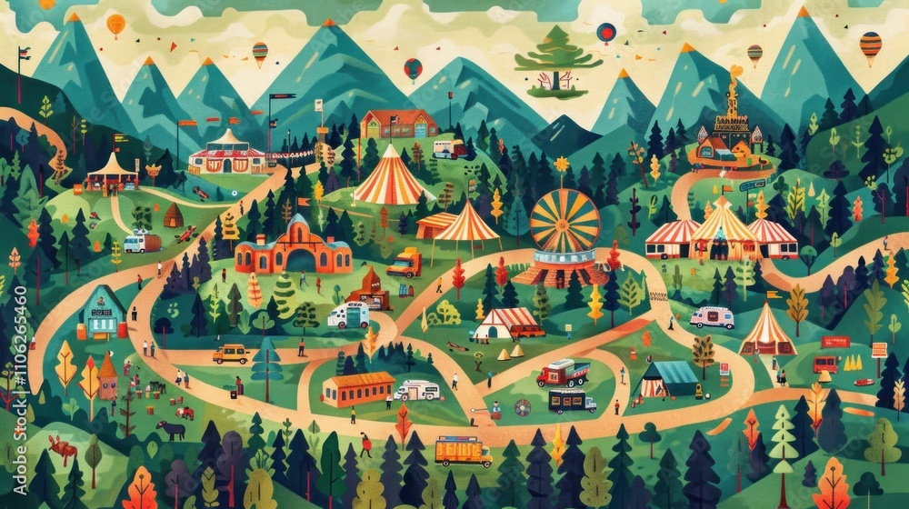 Idyllic mountain festival map illustration. Idyllic mountain festival map illustration.