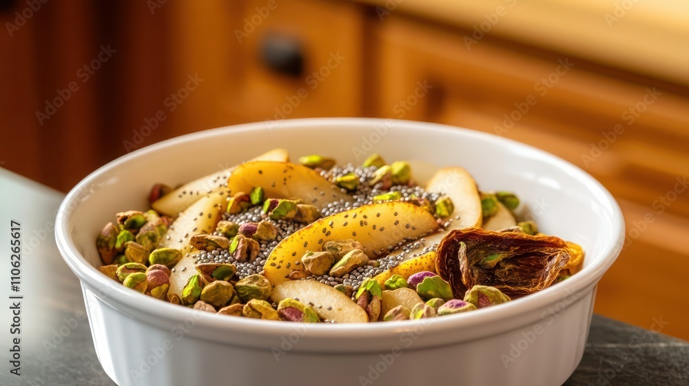 A bowl of pistachios, dried pear, and chia seeds in a white ceramic dish, with a softly blurred natural wood cabinetry backdrop. A bowl of pistachios, dried pear, and chia seeds in a white ceramic dish, with a softly blurred natural wood cabinetry backdrop.