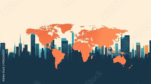 Wallpaper Mural A stylized illustration of a world map in orange, set against a skyline of tall buildings, blending urban and geographical themes. Torontodigital.ca