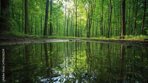 Scenic forest bath with tree reflections in spring water.