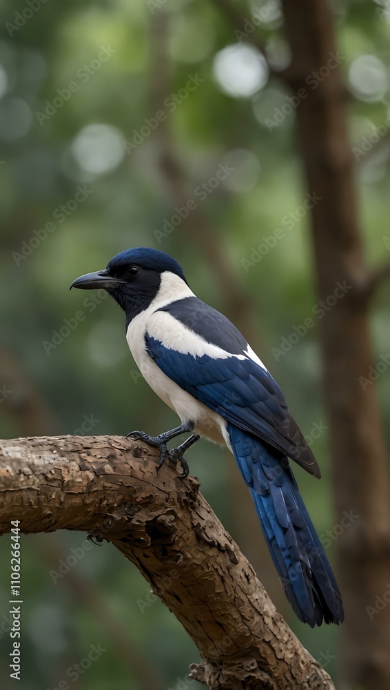 Obraz premium Indian white-tailed magpie perched on a branch.
