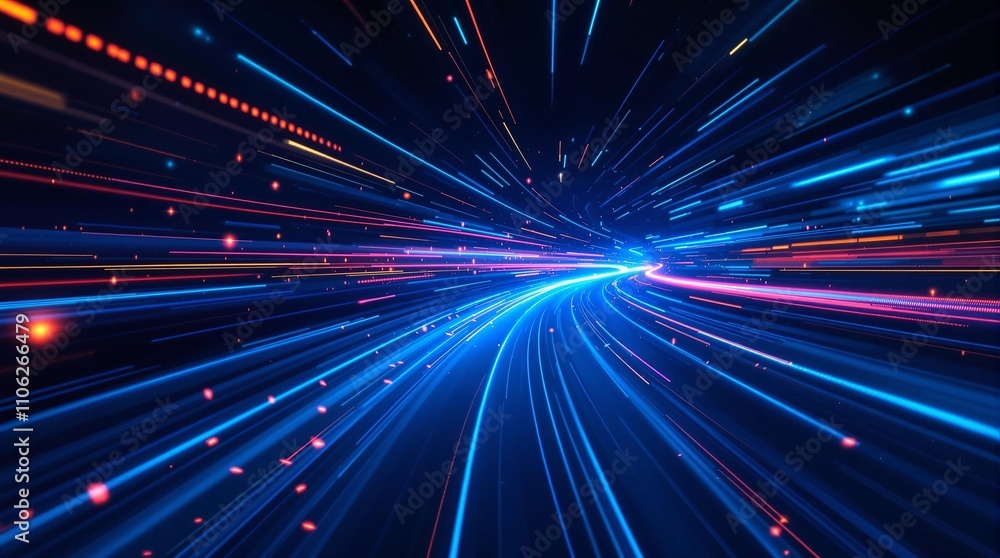 High speed light trails in motion, glow lines, internet data transfer technology concept illustration High speed light trails in motion, glow lines, internet data transfer technology concept illustration