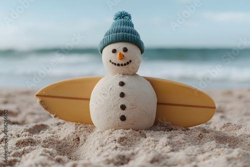 Sand Snowman with Surfboard on the Beach - Fun and Unique Holiday Scene Blending Christmas and Summer Vibes photo