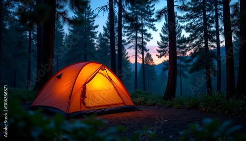 Orange camping tent glowing in the woods at dusk surrounded by towering pine trees