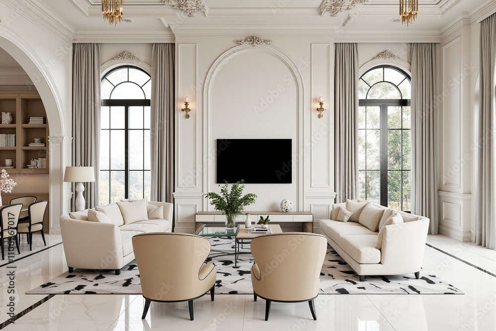 Fototapeta premium a luxurious living room with a high ceiling and ornate decorations. The room has a large flat-screen TV mounted on the wall in the center of the room