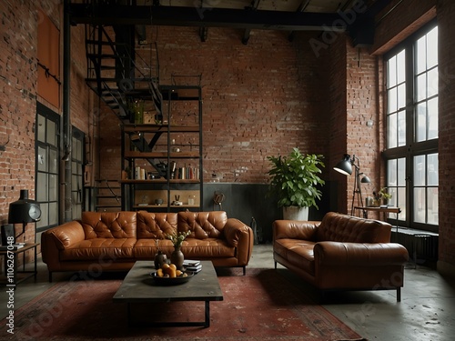 Industrial chic loft with exposed brick walls and leather sofa.