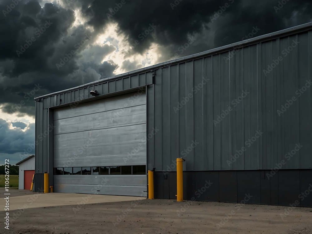 Fototapeta premium Industrial garage doors under a dramatic sky.