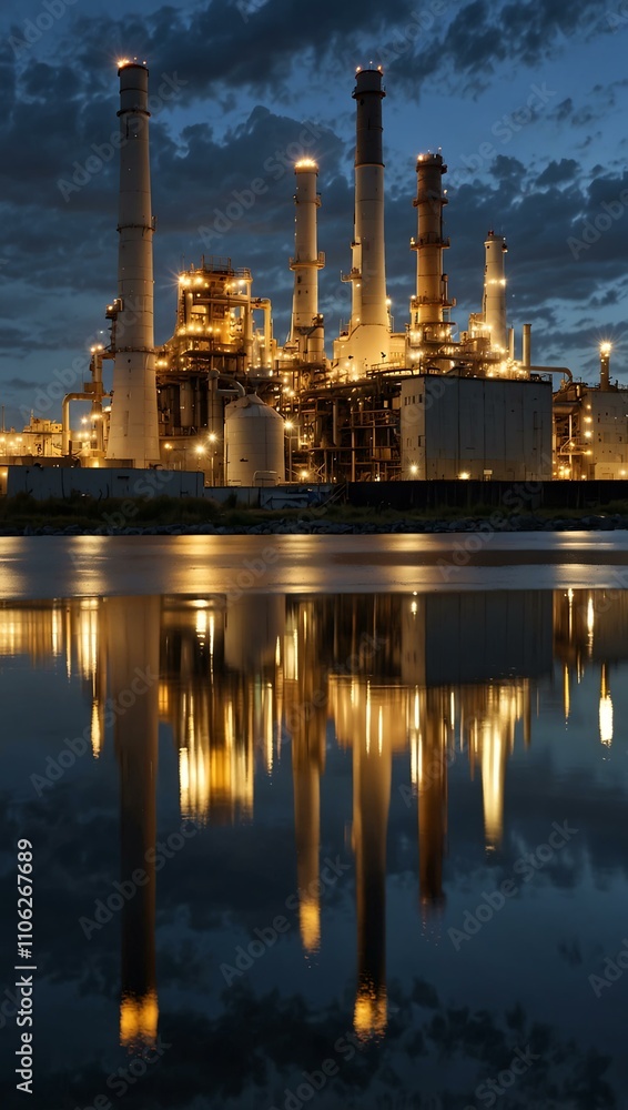 Naklejka premium Industrial refinery reflecting on water.