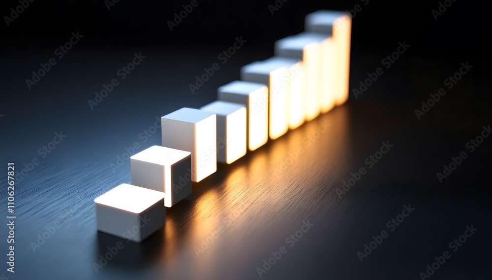 An abstract representation of growth, showcasing illuminated blocks of various heights in a progressive arrangement, symbolizing advancement and success in a corporate environment. An abstract representation of growth, showcasing illuminated blocks of various heights in a progressive arrangement, symbolizing advancement and success in a corporate environment.