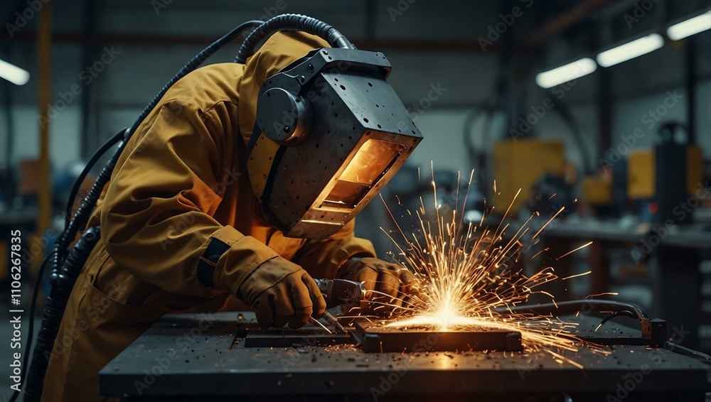 Industrial robot welding sparks in a factory setting.