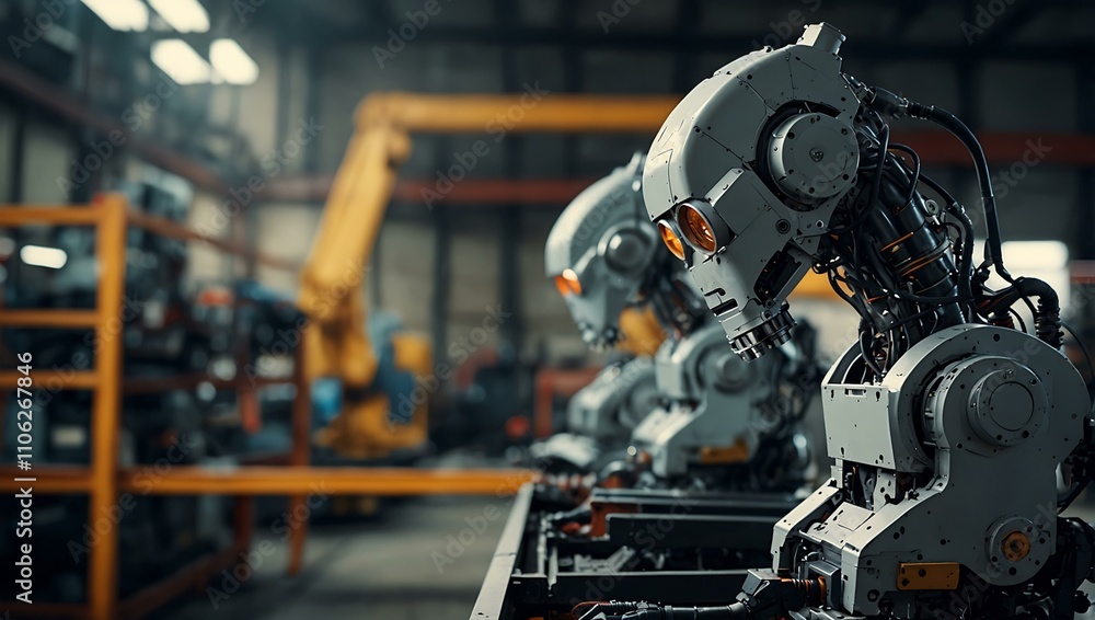 Industrial robots symbolizing modern technological progress. Industrial robots symbolizing modern technological progress.