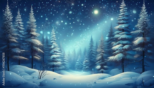 winter background of an evergreen forest in snowy woods landscape winter wallpaper with pine trees covered in snow starry night with snowflakes falling
