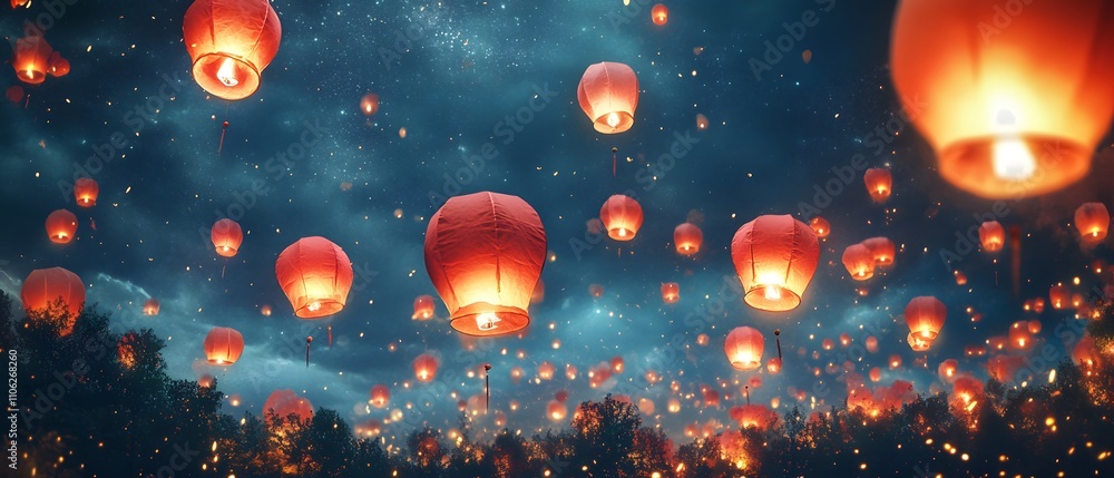 A beautiful night sky illuminated by floating lanterns, creating a magical ambiance. Perfect for themes of celebration, hope, and cultural traditions. A beautiful night sky illuminated by floating lanterns, creating a magical ambiance. Perfect for themes of celebration, hope, and cultural traditions.