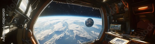A breathtaking view of Earth from a spacecraft, showcasing the planet's surface, clouds, and atmosphere with a glimpse of the moon in the distance, embodying the wonders of space e