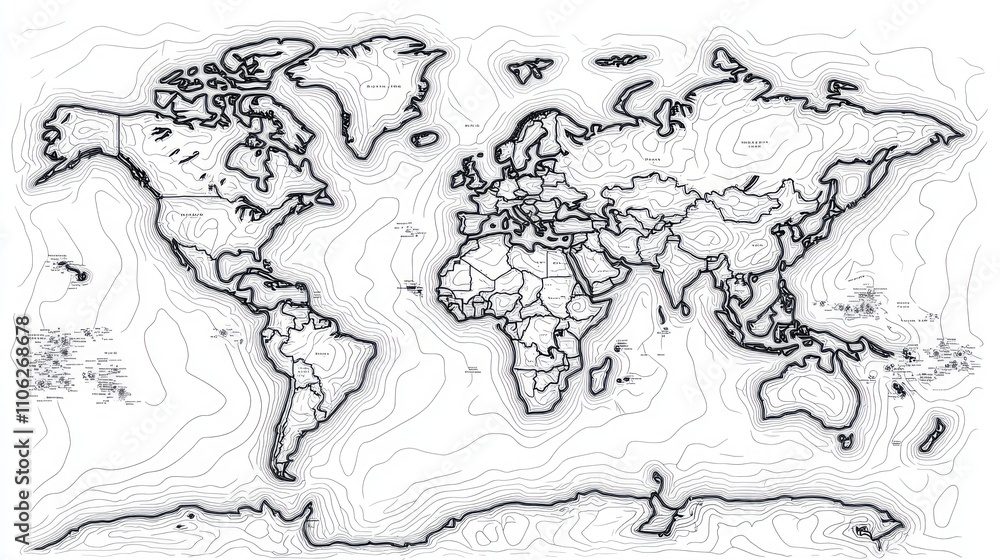 World map with country borders and ocean depth contours. World map with country borders and ocean depth contours.