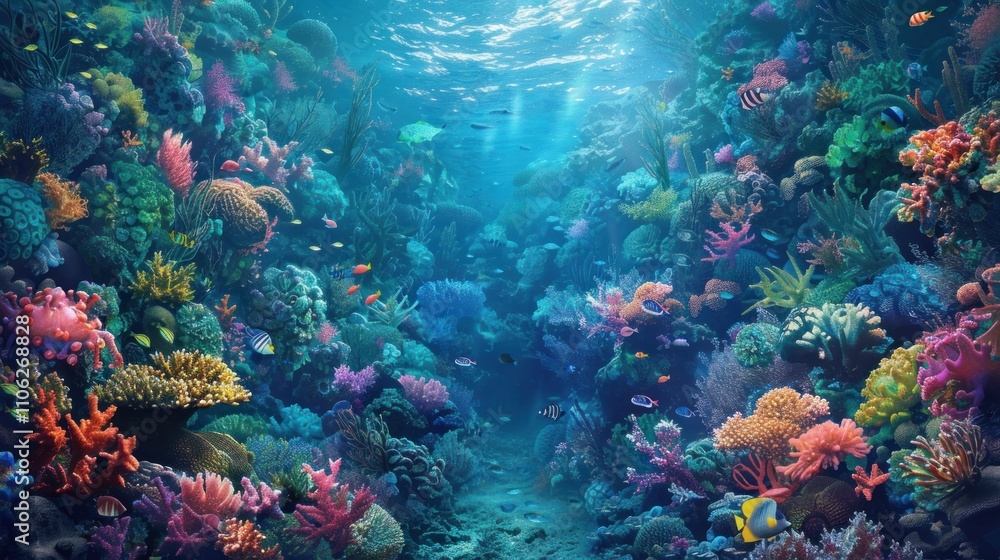 Naklejka premium Vibrant coral reef teeming with colorful fish and diverse marine life.