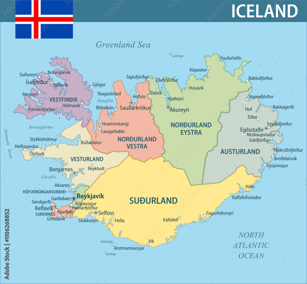 Naklejka premium Iceland Map Vector New 2024 Colorful - Customizable layered political map of Iceland with administrative divisions for website, education, reports, news, politics, print, poster and wallpaper