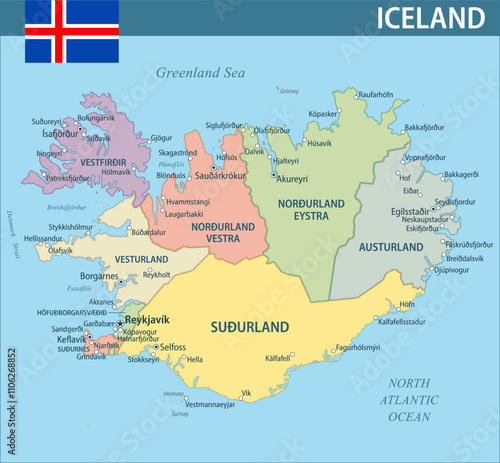 Iceland Map Vector New 2024 Colorful - Customizable layered political map of Iceland with administrative divisions for website, education, reports, news, politics, print, poster and wallpaper