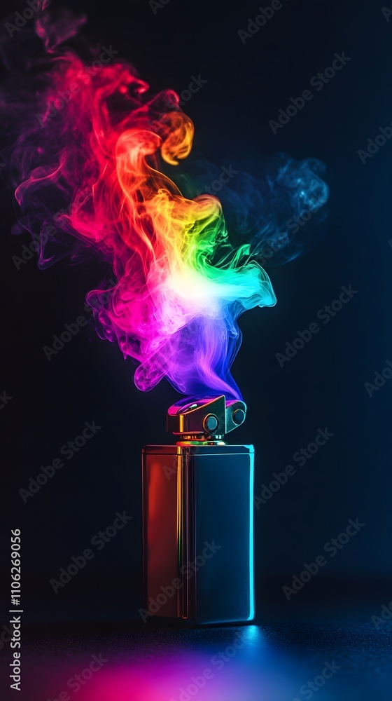 A lighter with a rainbow flame is placed on the left side of an empty black background, illuminated by a bright light A lighter with a rainbow flame is placed on the left side of an empty black background, illuminated by a bright light