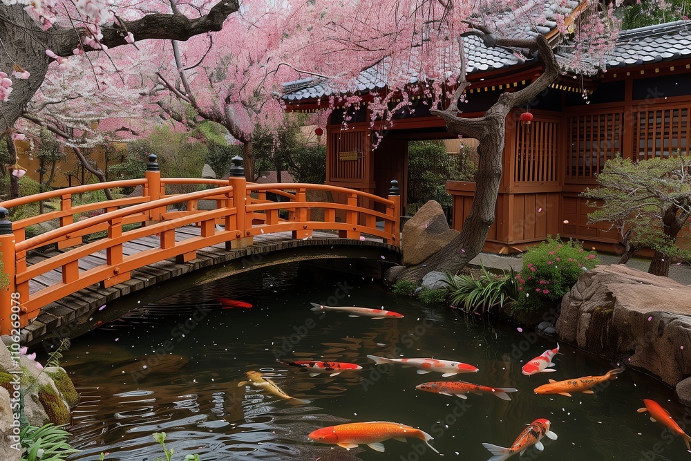Obraz premium Serene pond with koi fish and cherry blossoms.