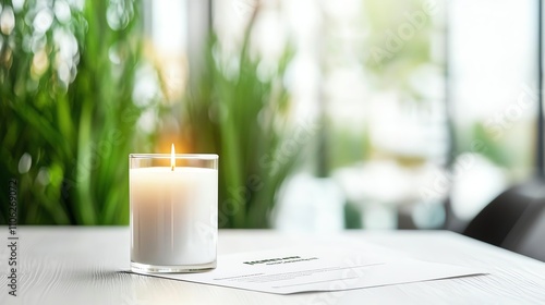 A serene setting featuring a glowing candle on a wooden table, complemented by lush green plants in the background, creating a calming atmosphere perfect for relaxation or meditati photo