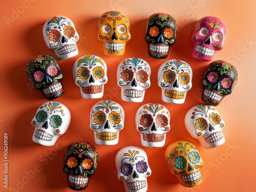 Colorful sugar skulls day of dead on orange background copy space. photo