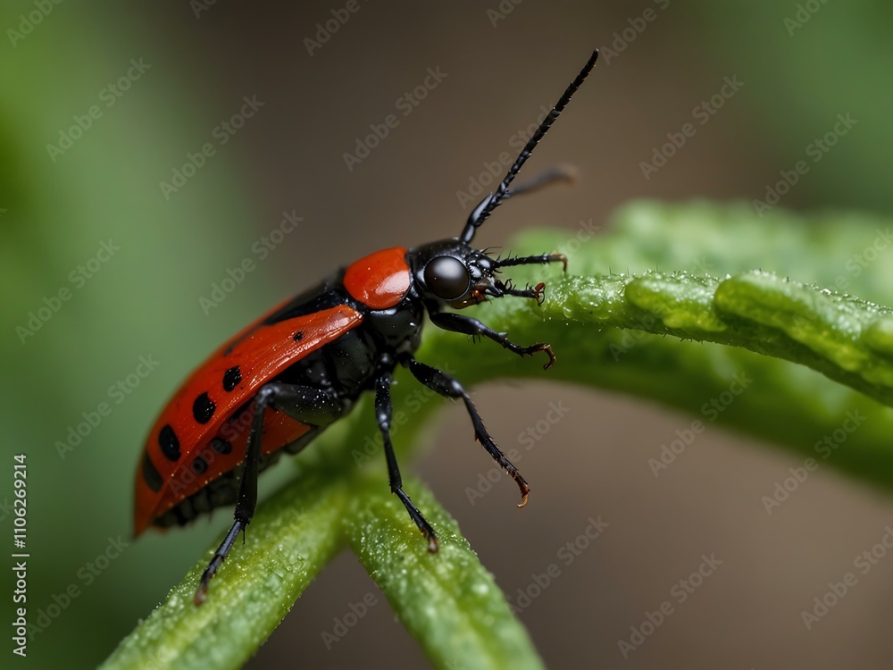 Insect feeding on a green plant, close-up of a red and black bug. Insect feeding on a green plant, close-up of a red and black bug.