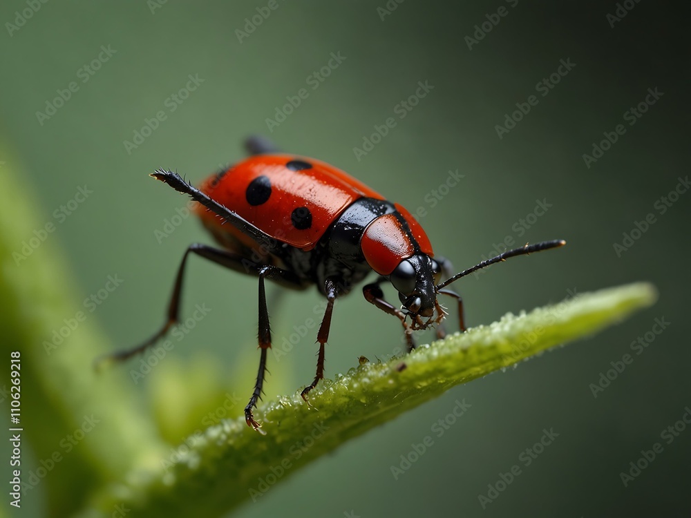 Naklejka premium Insect feeding on a green plant, close-up of a red and black bug.
