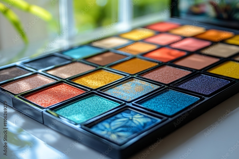 Vibrant eyeshadow palette with mixed colors in natural light Vibrant eyeshadow palette with mixed colors in natural light