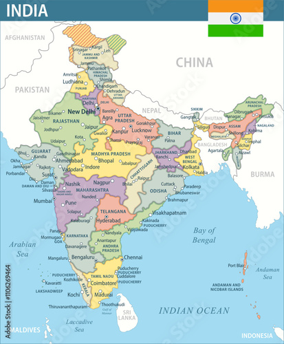 India Map Vector New 2024 Colorful - Customizable layered political map of India with administrative divisions for website, education, reports, news, politics, print, poster and wallpaper