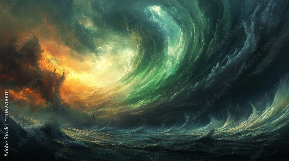 A Massive Wave Collides With Fiery Cloudscape A Massive Wave Collides With Fiery Cloudscape