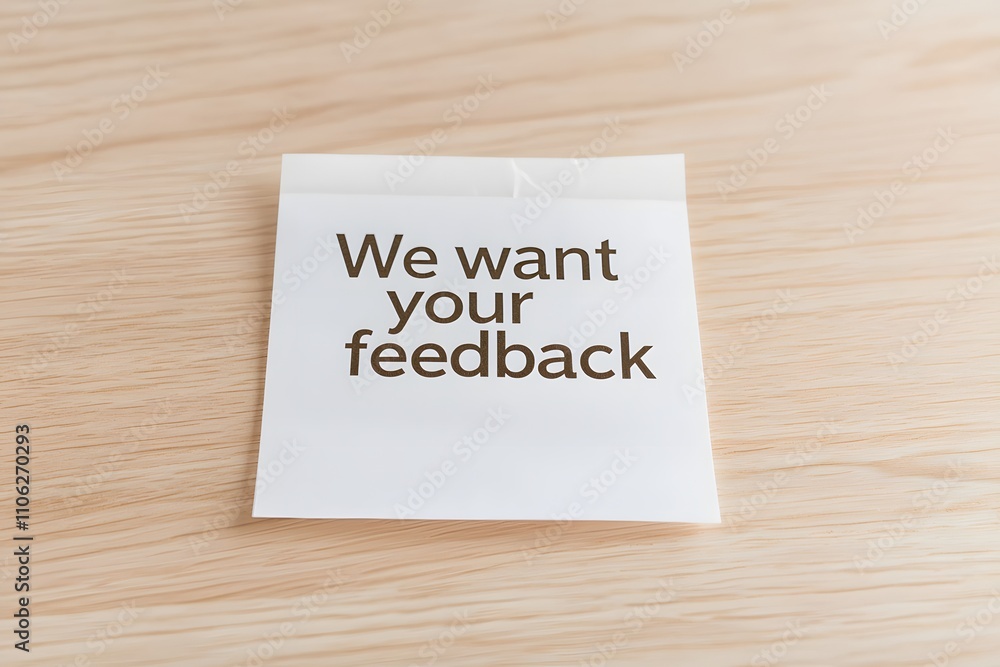 A note with ‘We want your feedback’ written on it, symbolising the importance of customer opinions and engagement for improvement and growth A note with ‘We want your feedback’ written on it, symbolising the importance of customer opinions and engagement for improvement and growth