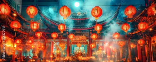 A vibrant scene of a temple decorated with colorful lanterns, illuminated by soft light