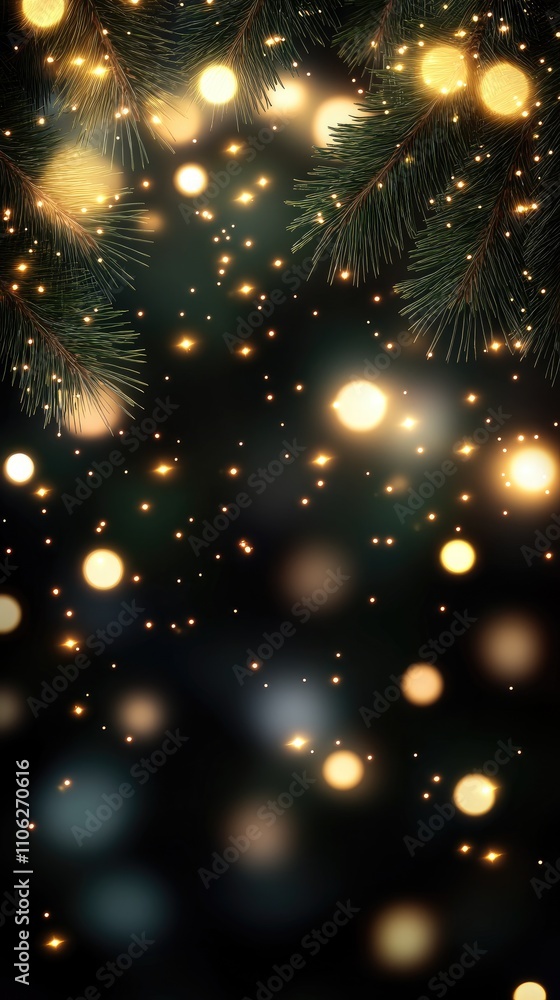 Obraz premium Enchanting depiction of green and gold stars hanging from pine branches, illuminated by soft bokeh lights, creating a festive atmosphere