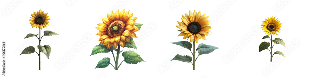 Obraz premium Realistic Sunflower Illustrations with Lush Green Leaves on transparent background