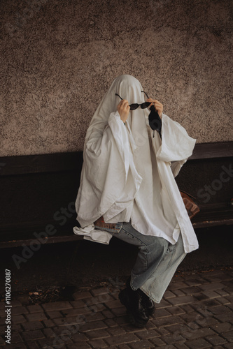 A person dressed in a large, flowing white garment sits on a bench, obscured with a white cloth. They hold dark sunglasses, their expression hidden. The background is textured and muted. photo