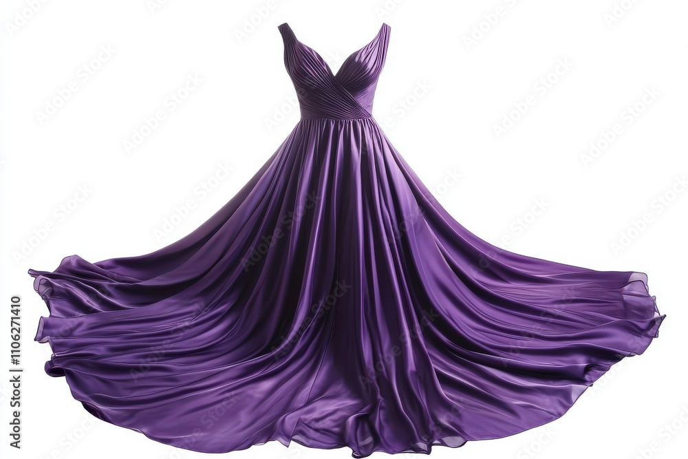 Purple evening gown with flowing satin fabric and v-neck, isolated on white background, ideal for elegant branding and fashion mockups Purple evening gown with flowing satin fabric and v-neck, isolated on white background, ideal for elegant branding and fashion mockups
