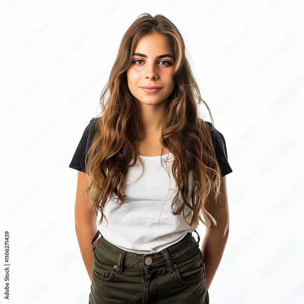 Young woman with long brown hair posing on white background Young woman with long brown hair posing on white background
