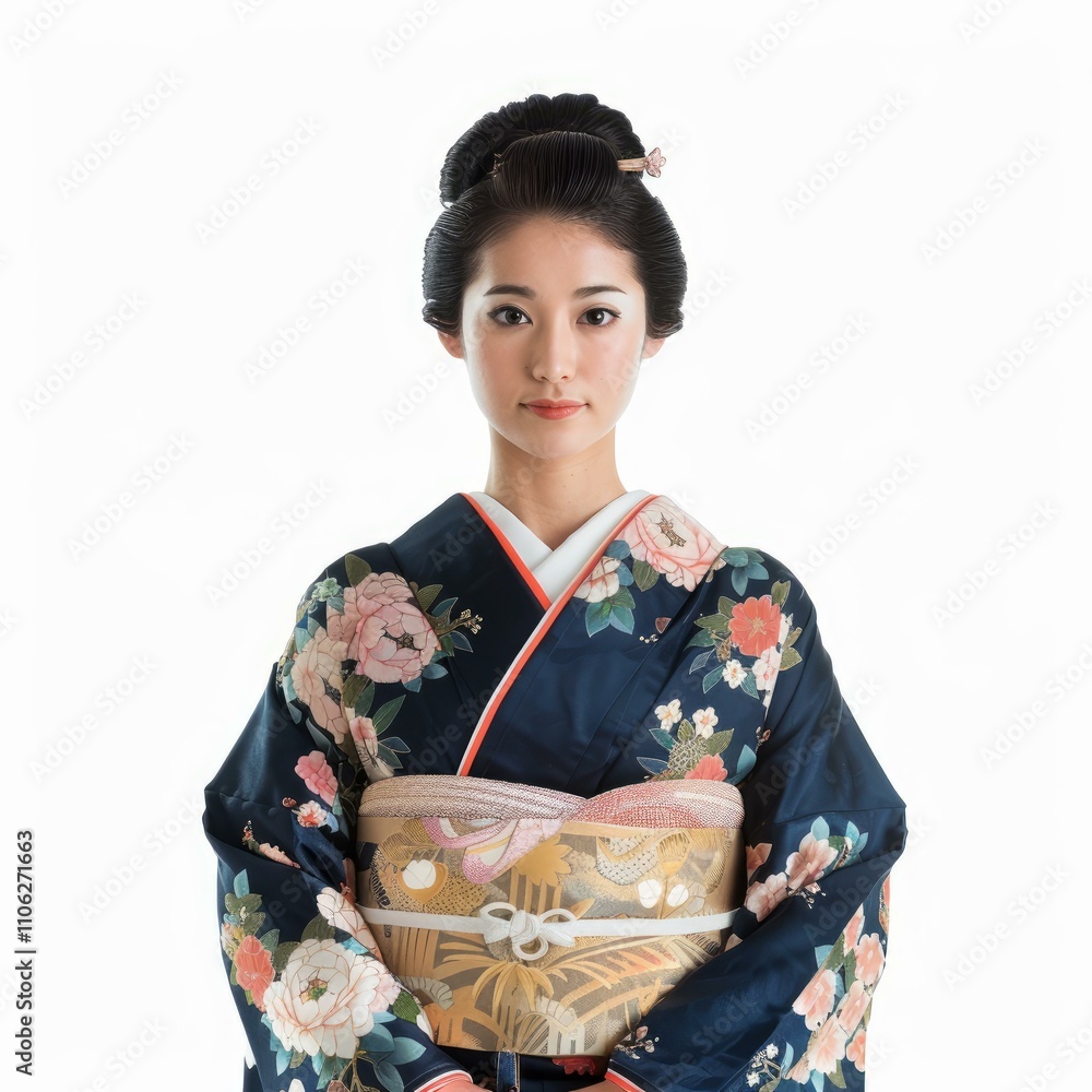 Japanese woman wearing traditional kimono posing on white background Japanese woman wearing traditional kimono posing on white background