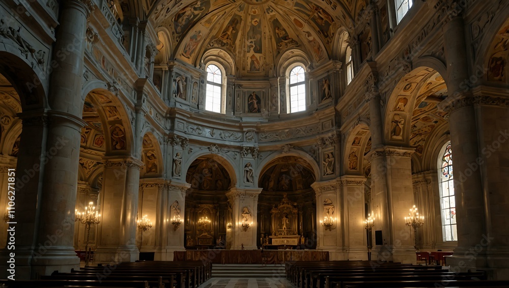 Interior of the 16th-century baroque San Siro Basilica. Interior of the 16th-century baroque San Siro Basilica.